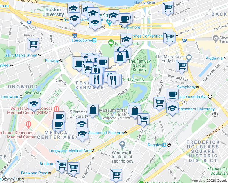 map of restaurants, bars, coffee shops, grocery stores, and more near 111 Park Drive in Boston
