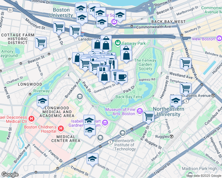 map of restaurants, bars, coffee shops, grocery stores, and more near 58 Queensberry Street in Boston