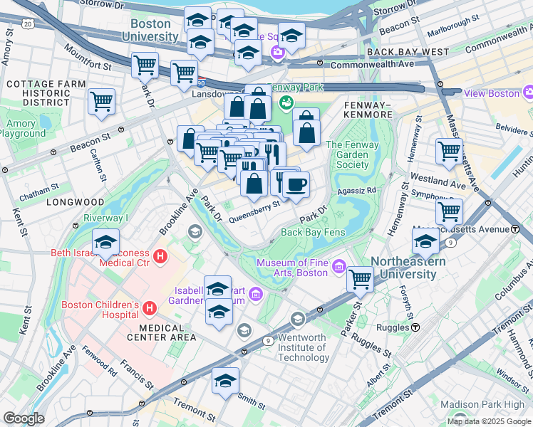 map of restaurants, bars, coffee shops, grocery stores, and more near 58 Queensberry Street in Boston