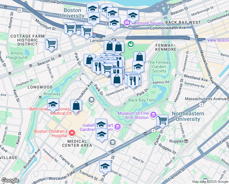 map of restaurants, bars, coffee shops, grocery stores, and more near 105 Queensberry Street in Boston