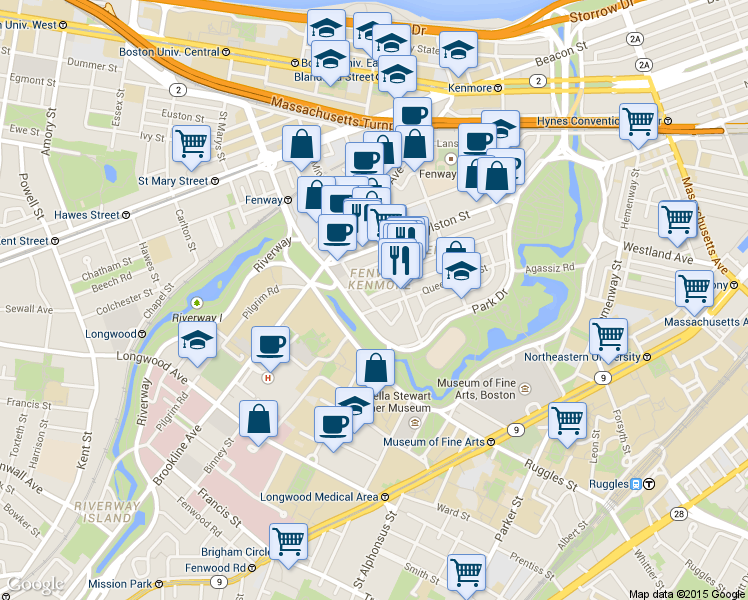 map of restaurants, bars, coffee shops, grocery stores, and more near 105 Queensberry Street in Boston
