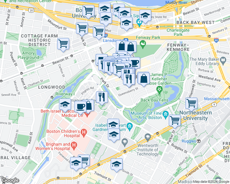 map of restaurants, bars, coffee shops, grocery stores, and more near 231 Park Drive in Boston