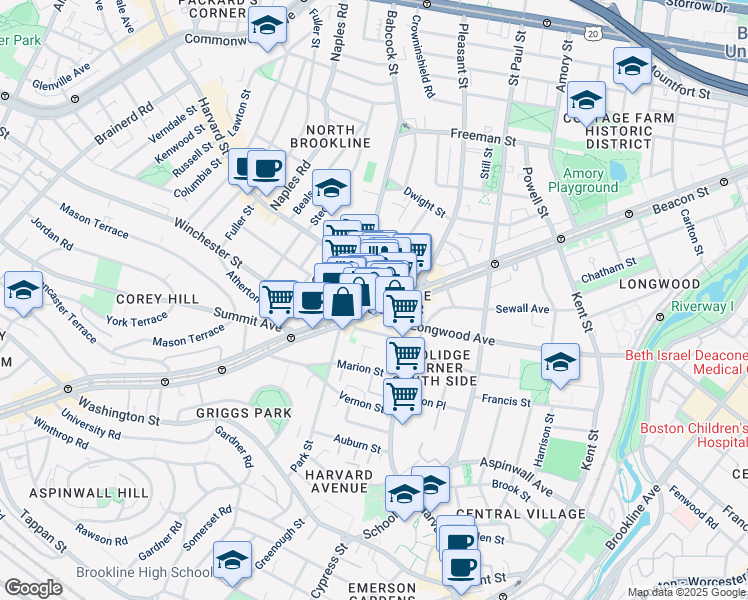 map of restaurants, bars, coffee shops, grocery stores, and more near 284 Harvard Street in Brookline