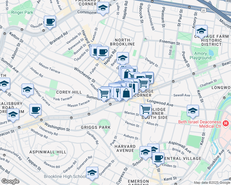 map of restaurants, bars, coffee shops, grocery stores, and more near 24 Winchester Street in Brookline
