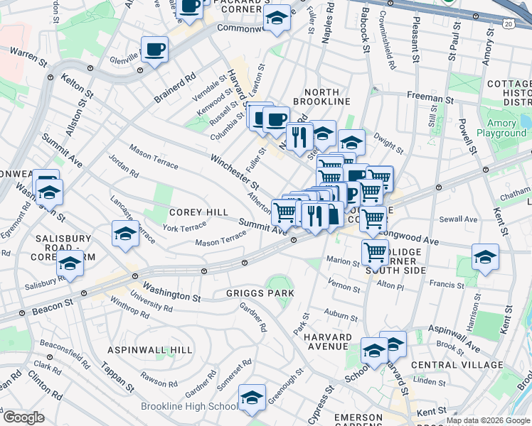 map of restaurants, bars, coffee shops, grocery stores, and more near 28 Atherton Road in Brookline