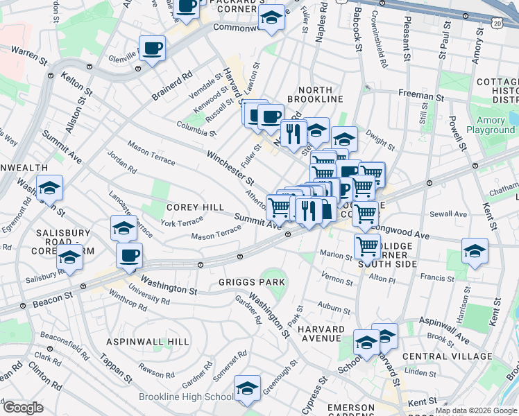 map of restaurants, bars, coffee shops, grocery stores, and more near 28 Atherton Road in Brookline