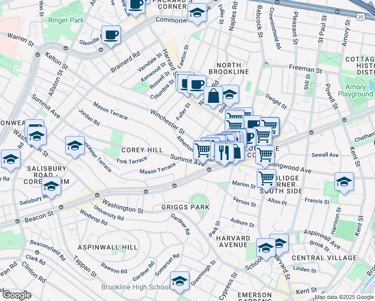 map of restaurants, bars, coffee shops, grocery stores, and more near 28 Atherton Road in Brookline