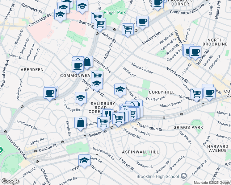map of restaurants, bars, coffee shops, grocery stores, and more near 94 Westbourne Terrace in Brookline