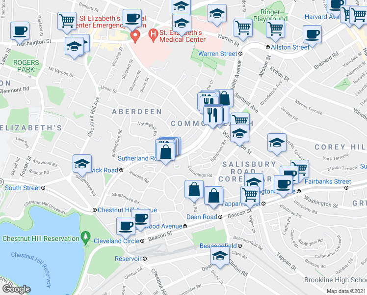 map of restaurants, bars, coffee shops, grocery stores, and more near 1665 Commonwealth Avenue in Boston