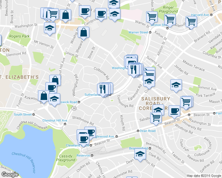 map of restaurants, bars, coffee shops, grocery stores, and more near 1691 Commonwealth Avenue in Boston