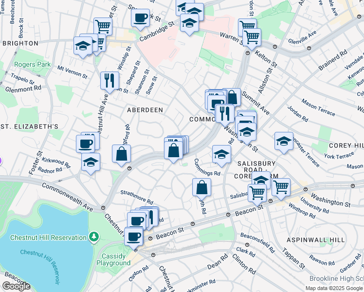 map of restaurants, bars, coffee shops, grocery stores, and more near 1691 Commonwealth Avenue in Boston