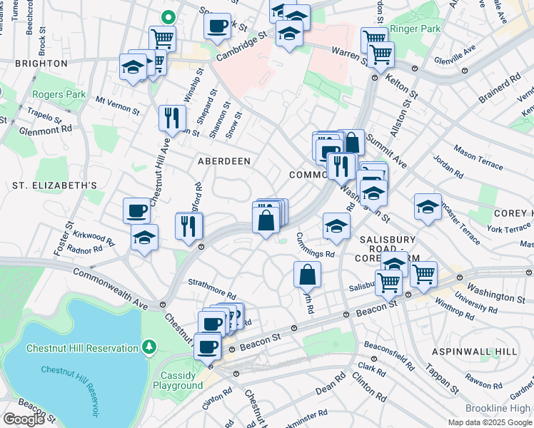 map of restaurants, bars, coffee shops, grocery stores, and more near 1691 Commonwealth Avenue in Boston