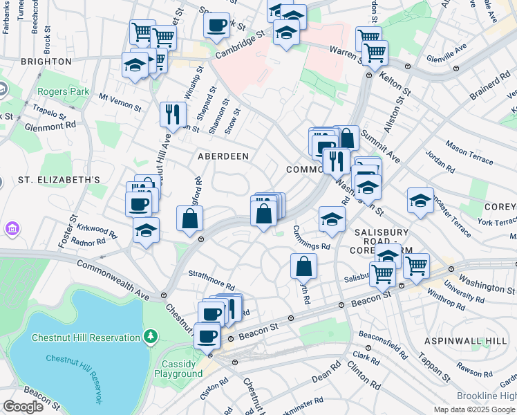 map of restaurants, bars, coffee shops, grocery stores, and more near 1713-1715 Commonwealth Avenue in Boston