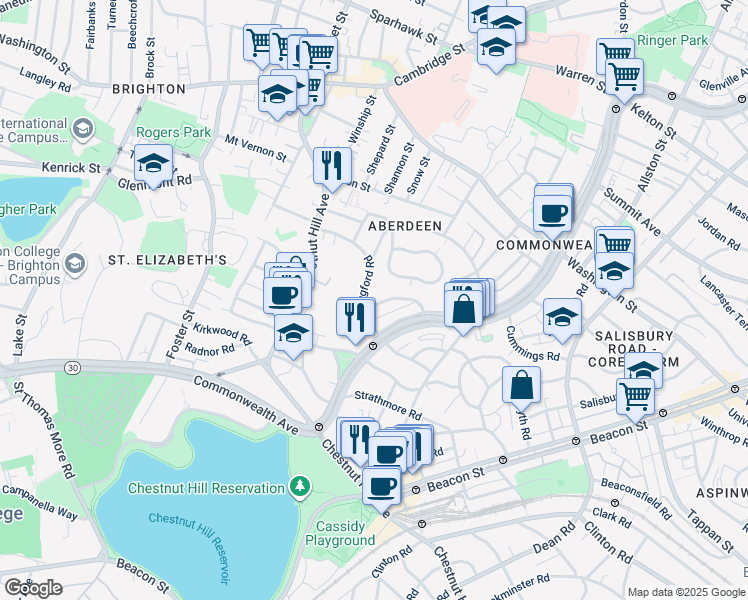 map of restaurants, bars, coffee shops, grocery stores, and more near 59 Leamington Road in Boston