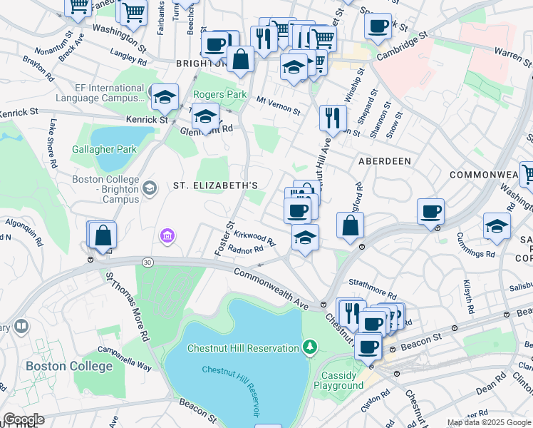 map of restaurants, bars, coffee shops, grocery stores, and more near 201 Chiswick Road in Boston