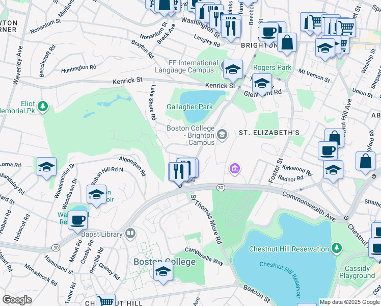 map of restaurants, bars, coffee shops, grocery stores, and more near 40 Lake Street in Boston