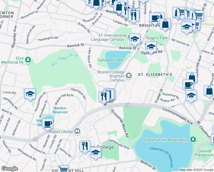 map of restaurants, bars, coffee shops, grocery stores, and more near 30 Undine Road in Boston
