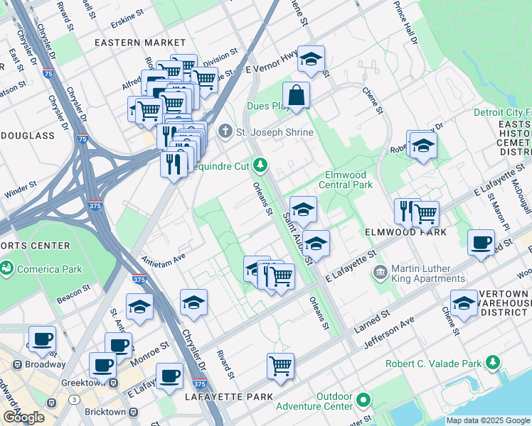 map of restaurants, bars, coffee shops, grocery stores, and more near 1575 Cherboneau Place in Detroit