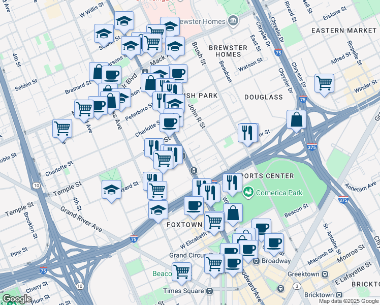 map of restaurants, bars, coffee shops, grocery stores, and more near 45 Adelaide Street in Detroit
