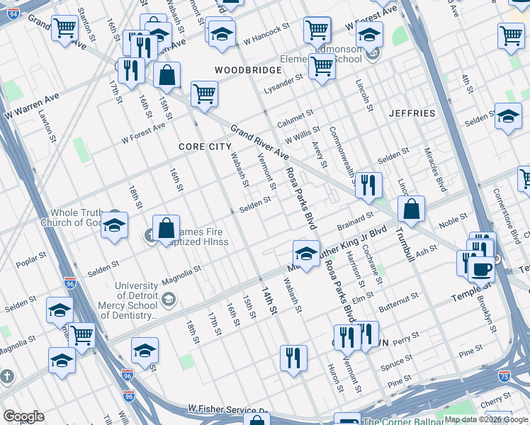 map of restaurants, bars, coffee shops, grocery stores, and more near 3800 Wabash Street in Detroit