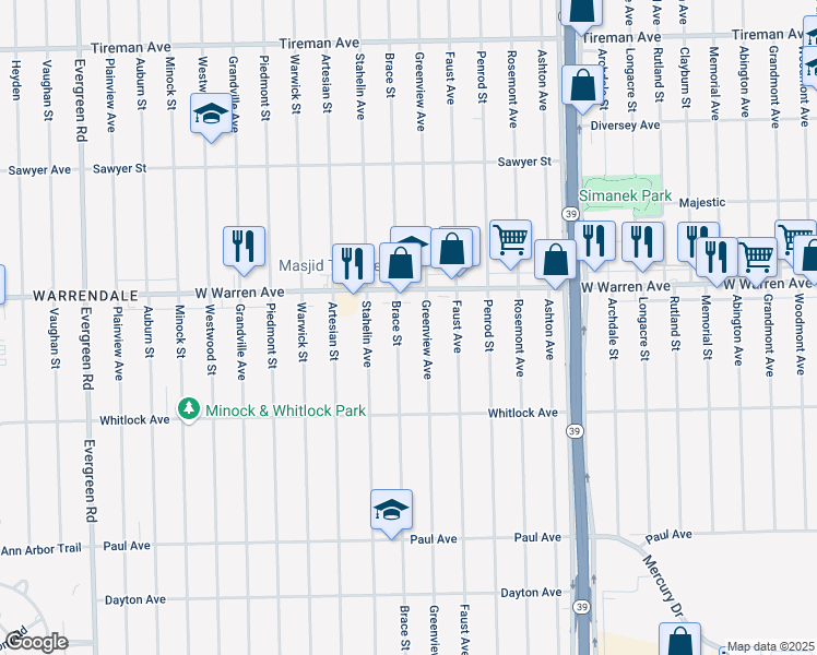 map of restaurants, bars, coffee shops, grocery stores, and more near 6866 Brace Street in Detroit