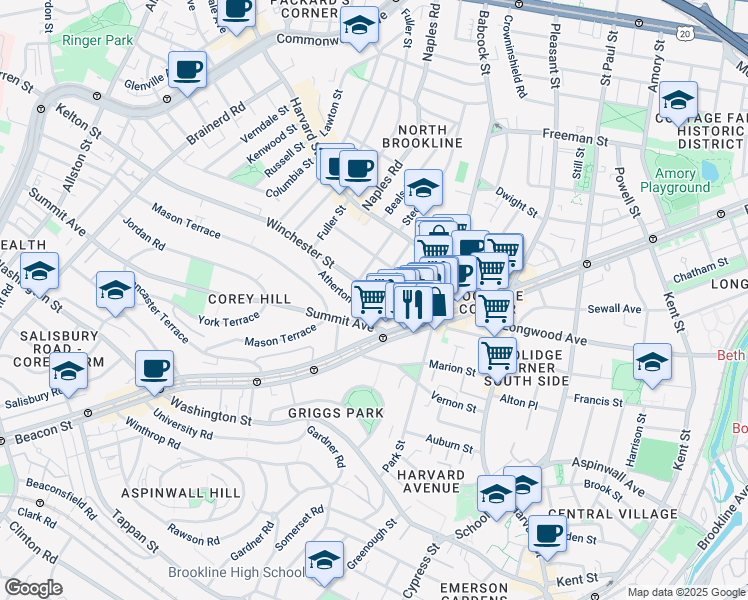 map of restaurants, bars, coffee shops, grocery stores, and more near 24 Winchester Street in Brookline