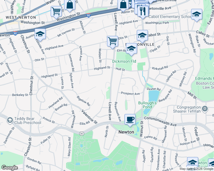 map of restaurants, bars, coffee shops, grocery stores, and more near 441 Lowell Avenue in Newton