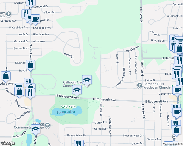 map of restaurants, bars, coffee shops, grocery stores, and more near 561 Garrison Road in Battle Creek