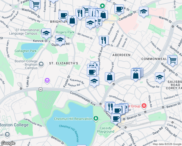 map of restaurants, bars, coffee shops, grocery stores, and more near 25 Embassy Road in Boston