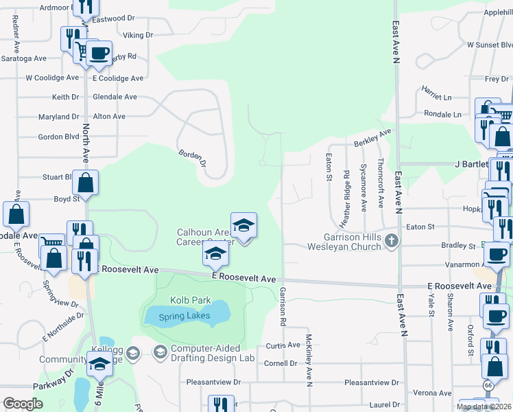 map of restaurants, bars, coffee shops, grocery stores, and more near 561 Garrison Road in Battle Creek