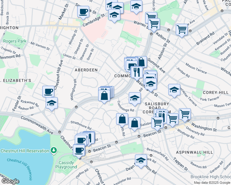 map of restaurants, bars, coffee shops, grocery stores, and more near 1665 Commonwealth Avenue in Boston