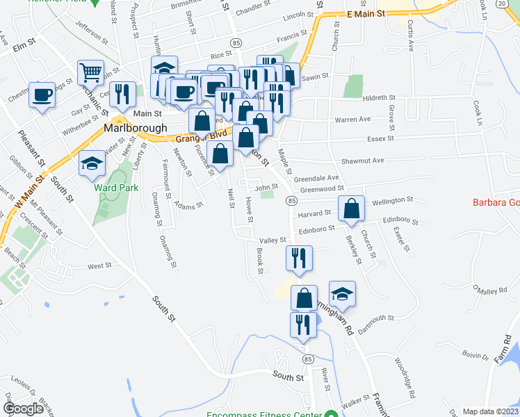 map of restaurants, bars, coffee shops, grocery stores, and more near 140 Howe Street in Marlborough