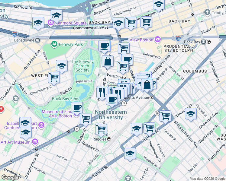 map of restaurants, bars, coffee shops, grocery stores, and more near 76 Gainsborough Street in Boston
