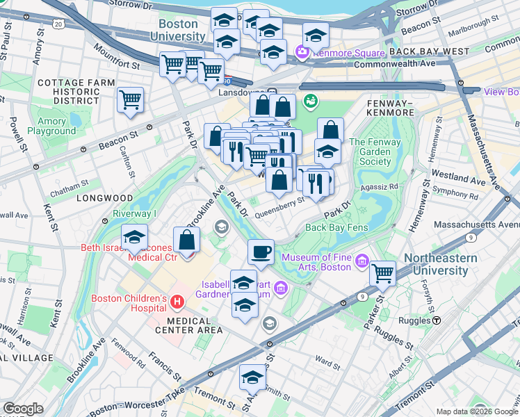 map of restaurants, bars, coffee shops, grocery stores, and more near 105 Queensberry Street in Boston