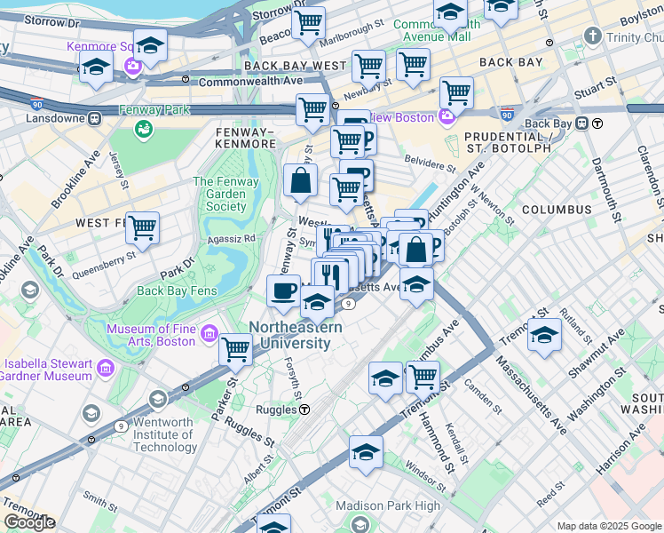 map of restaurants, bars, coffee shops, grocery stores, and more near 76 Gainsborough Street in Boston