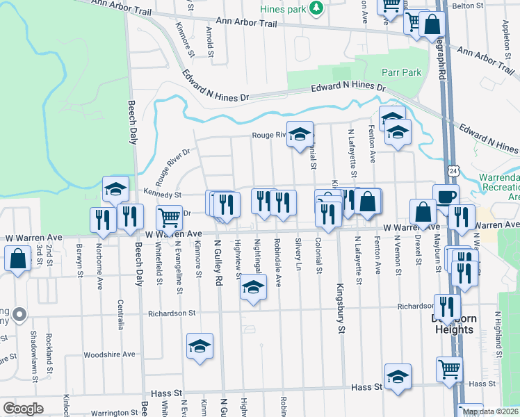 map of restaurants, bars, coffee shops, grocery stores, and more near 7251 Robindale Avenue in Dearborn Heights
