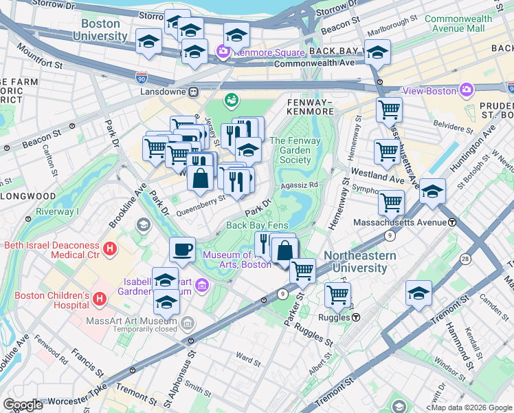 map of restaurants, bars, coffee shops, grocery stores, and more near Emerald Necklace in Boston