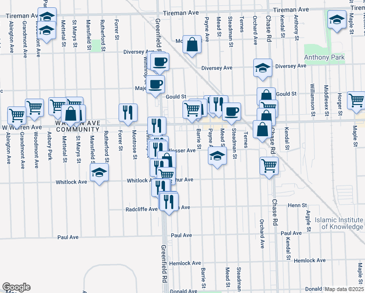 map of restaurants, bars, coffee shops, grocery stores, and more near 7001 Coleman Street in Dearborn