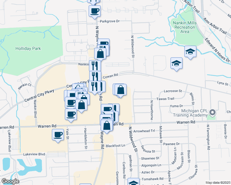 map of restaurants, bars, coffee shops, grocery stores, and more near 7520 North Wayne Road in Westland