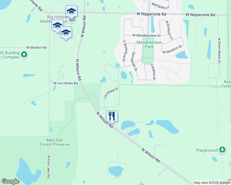map of restaurants, bars, coffee shops, grocery stores, and more near 327 South Litchfield Drive in Round Lake