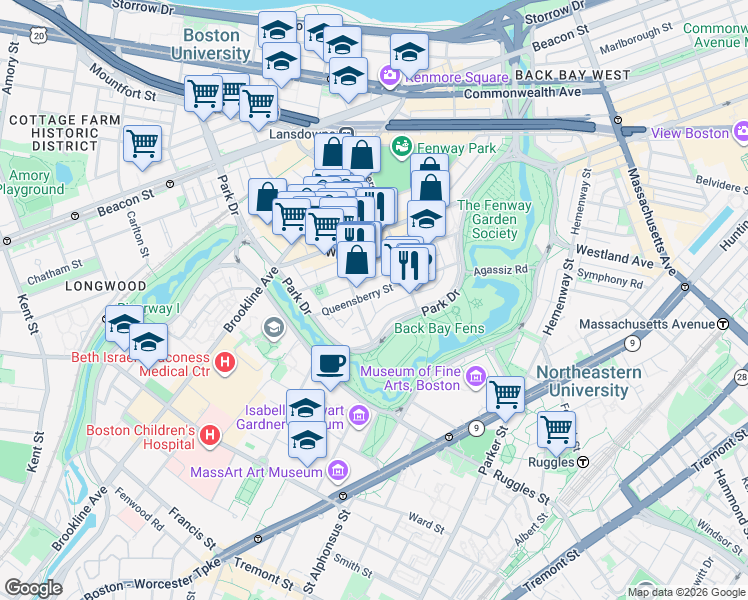 map of restaurants, bars, coffee shops, grocery stores, and more near 66 Queensberry Street in Boston