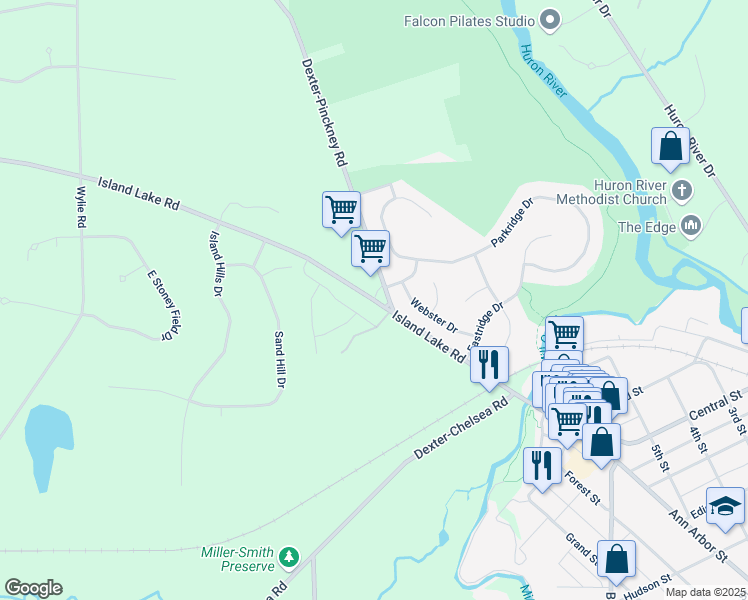 map of restaurants, bars, coffee shops, grocery stores, and more near 8347 Island Lake Road in Dexter