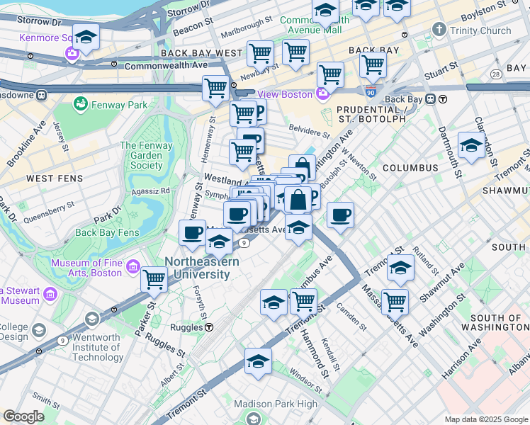 map of restaurants, bars, coffee shops, grocery stores, and more near 263 Huntington Avenue in Boston