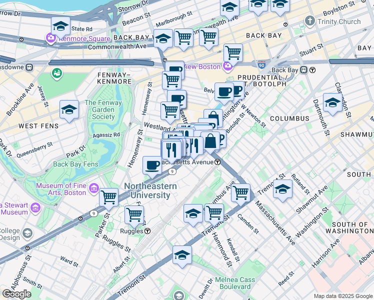 map of restaurants, bars, coffee shops, grocery stores, and more near 263 Huntington Avenue in Boston