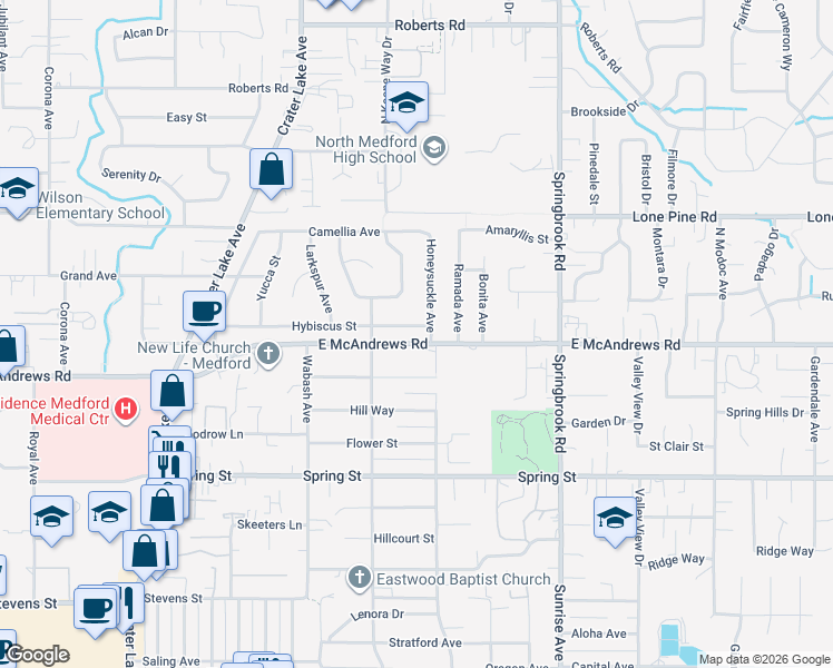 map of restaurants, bars, coffee shops, grocery stores, and more near 2050 Hybiscus Street in Medford