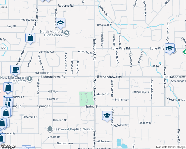 map of restaurants, bars, coffee shops, grocery stores, and more near 2494 East McAndrews Road in Medford