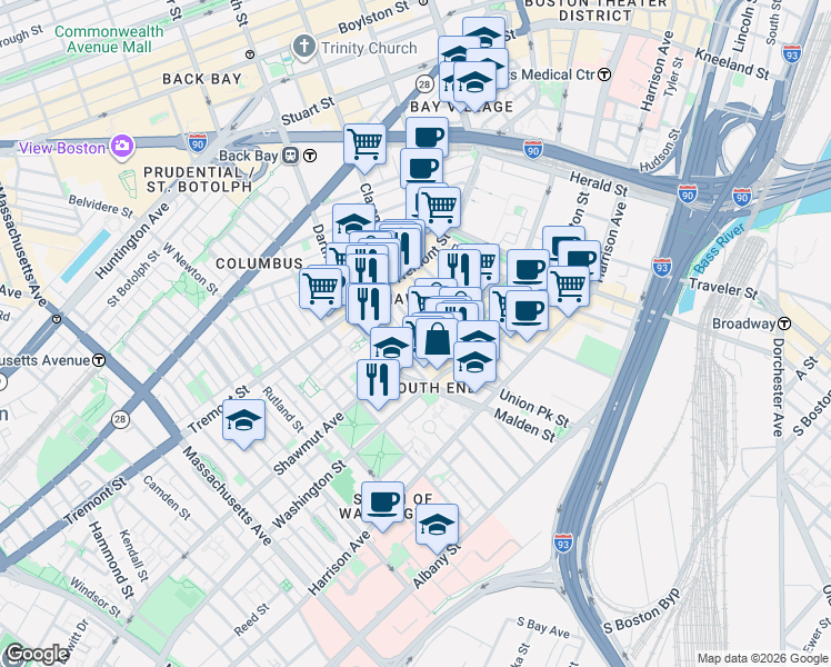 map of restaurants, bars, coffee shops, grocery stores, and more near 7 Upton Street in Boston