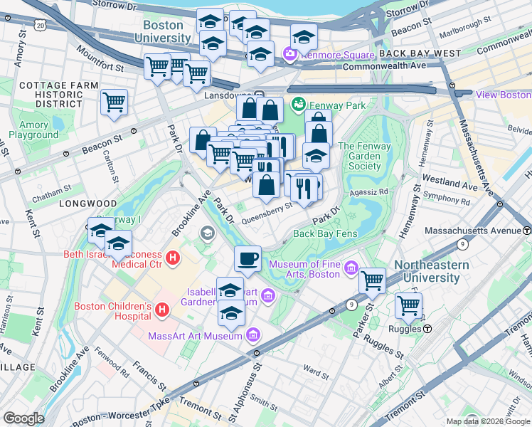map of restaurants, bars, coffee shops, grocery stores, and more near Queensberry St & Kilmarnock St in Boston