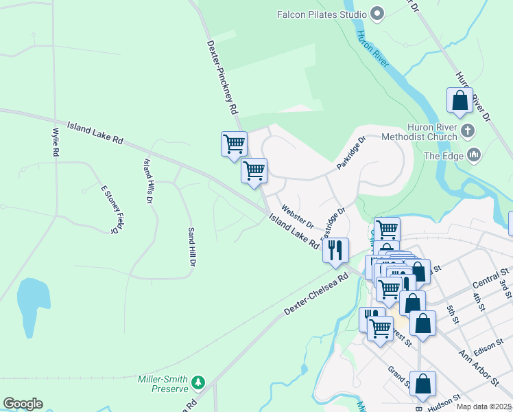 map of restaurants, bars, coffee shops, grocery stores, and more near 8347 Island Lake Road in Dexter