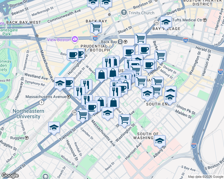 map of restaurants, bars, coffee shops, grocery stores, and more near 136 West Newton Street in Boston